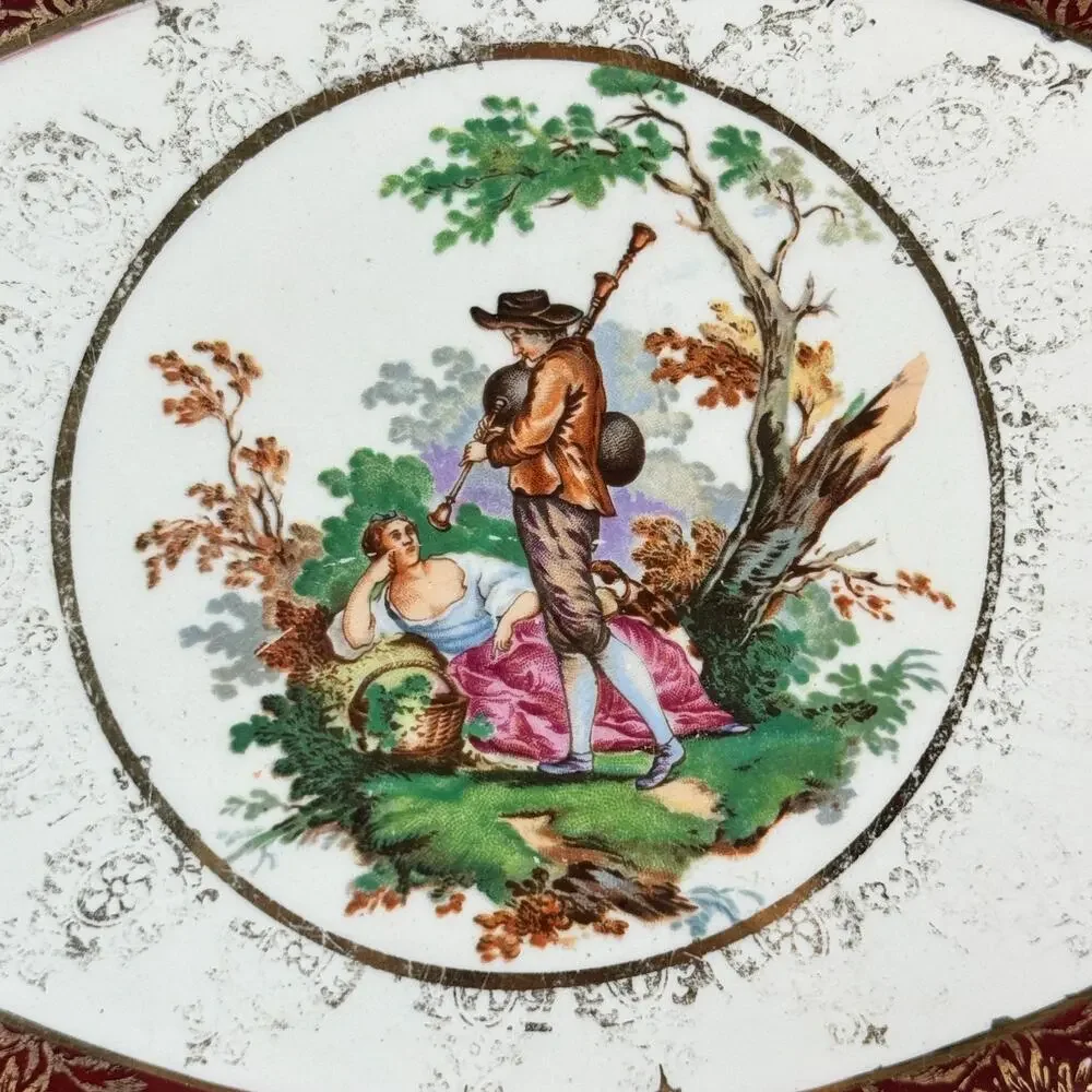Vintage Atlas China Platter Steubenville Burgundy Gold Romantic Courting Oval